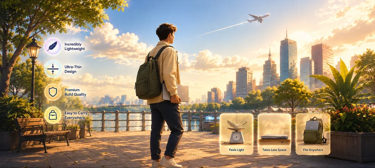 Illustration showing the lightweight and portable design of the ASUS Zenbook A14