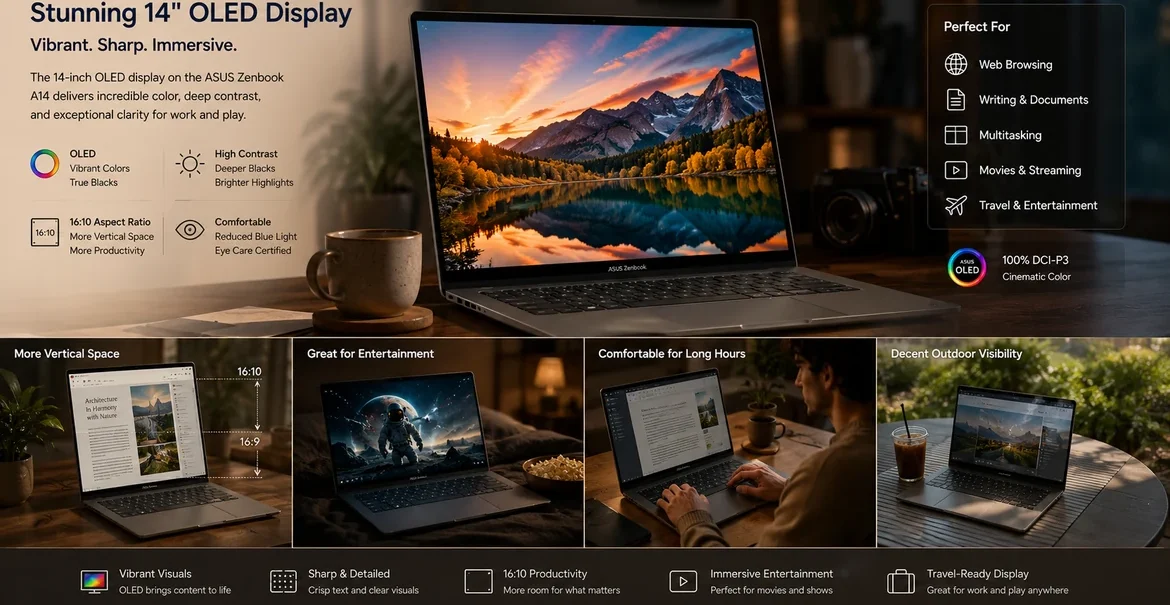 ASUS Zenbook A14 OLED display showing vibrant colors, entertainment, productivity, and multitasking scenarios