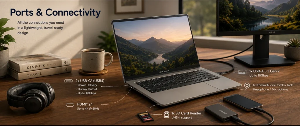 ASUS Zenbook A14 showing USB-C, HDMI, USB-A, audio jack, and SD card reader connectivity options