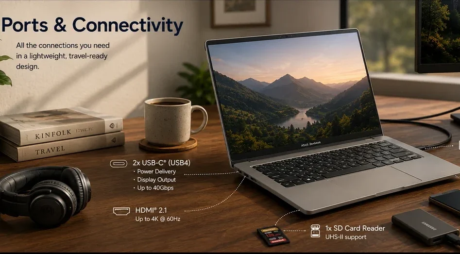 ASUS Zenbook A14 showing USB-C, HDMI, USB-A, audio jack, and SD card reader connectivity options
