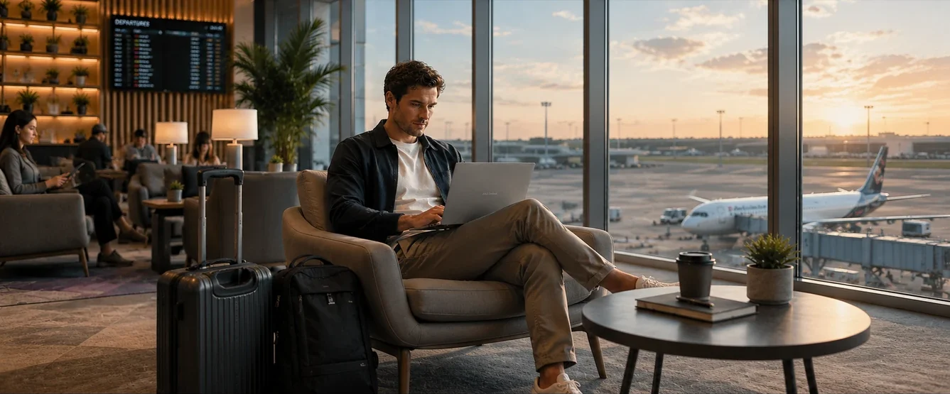 Traveler using the ASUS Zenbook A14 in a modern airport lounge with luggage nearby