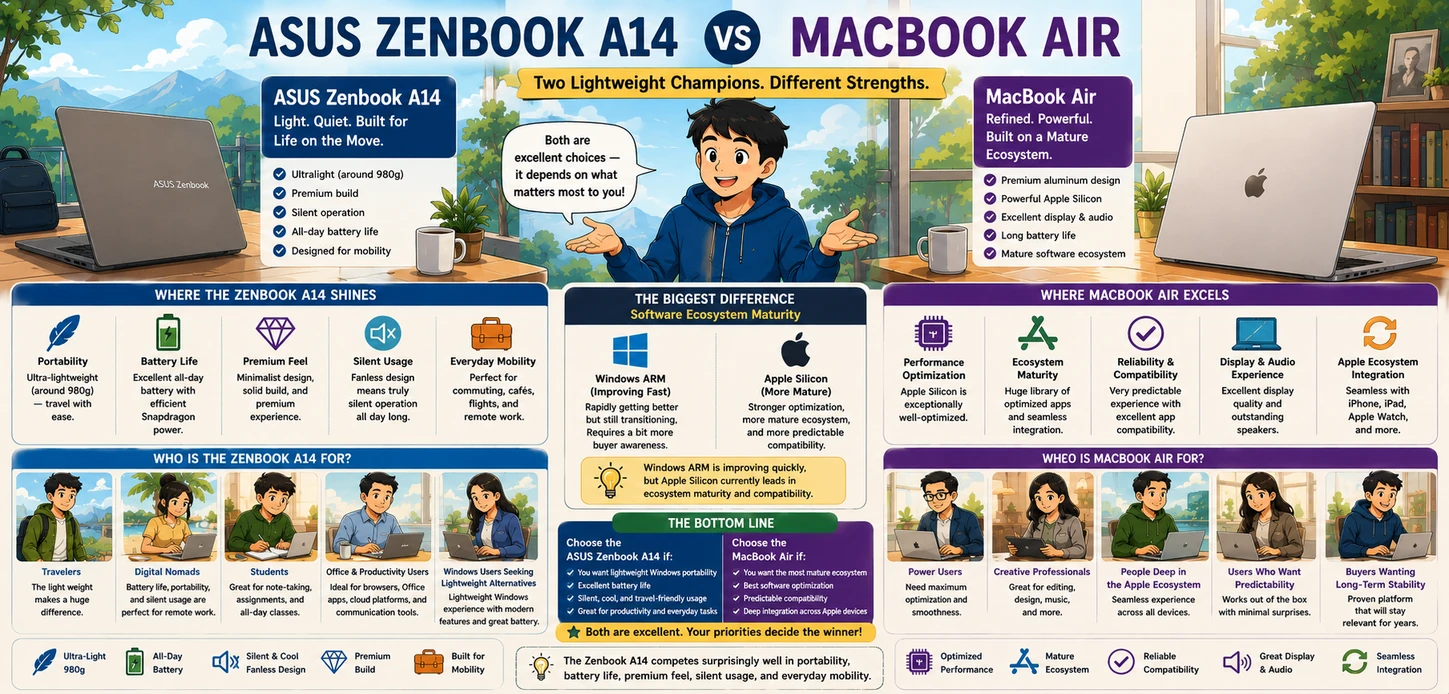 Cartoon-style comparison infographic between the ASUS Zenbook A14 and MacBook Air focusing on portability, battery life, ecosystem maturity, and mobility