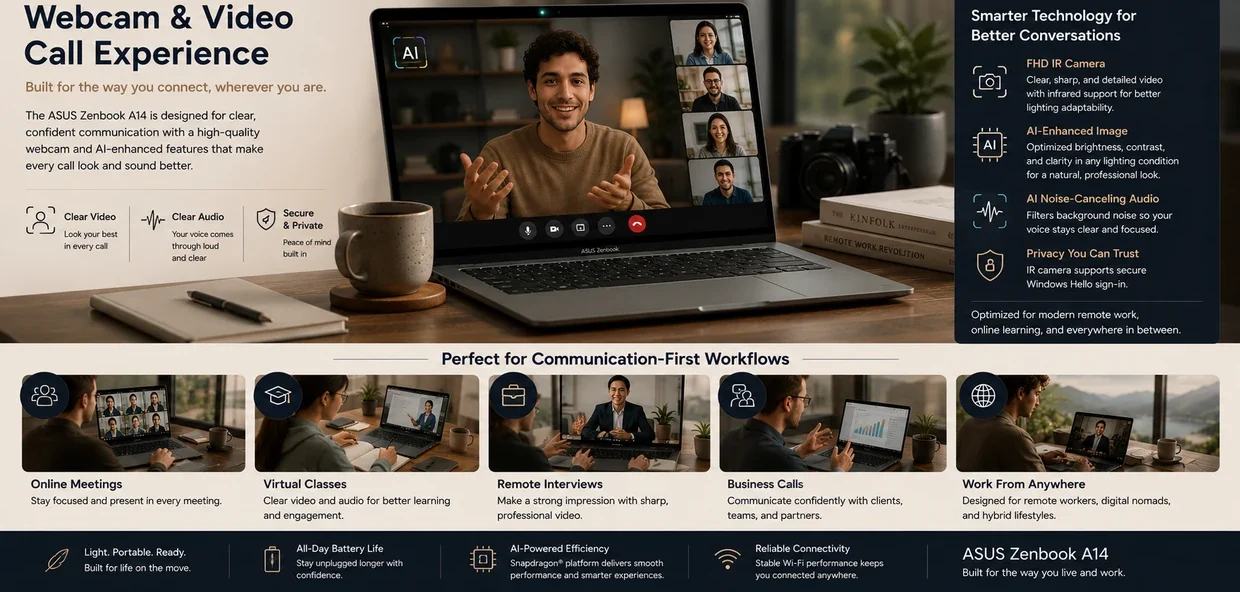 ASUS Zenbook A14 being used for video calls, remote meetings, online classes, and communication-focused workflows
