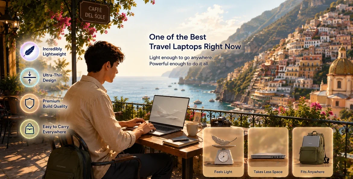 Traveler using the ASUS Zenbook A14 while working remotely at a coastal café overlooking the ocean