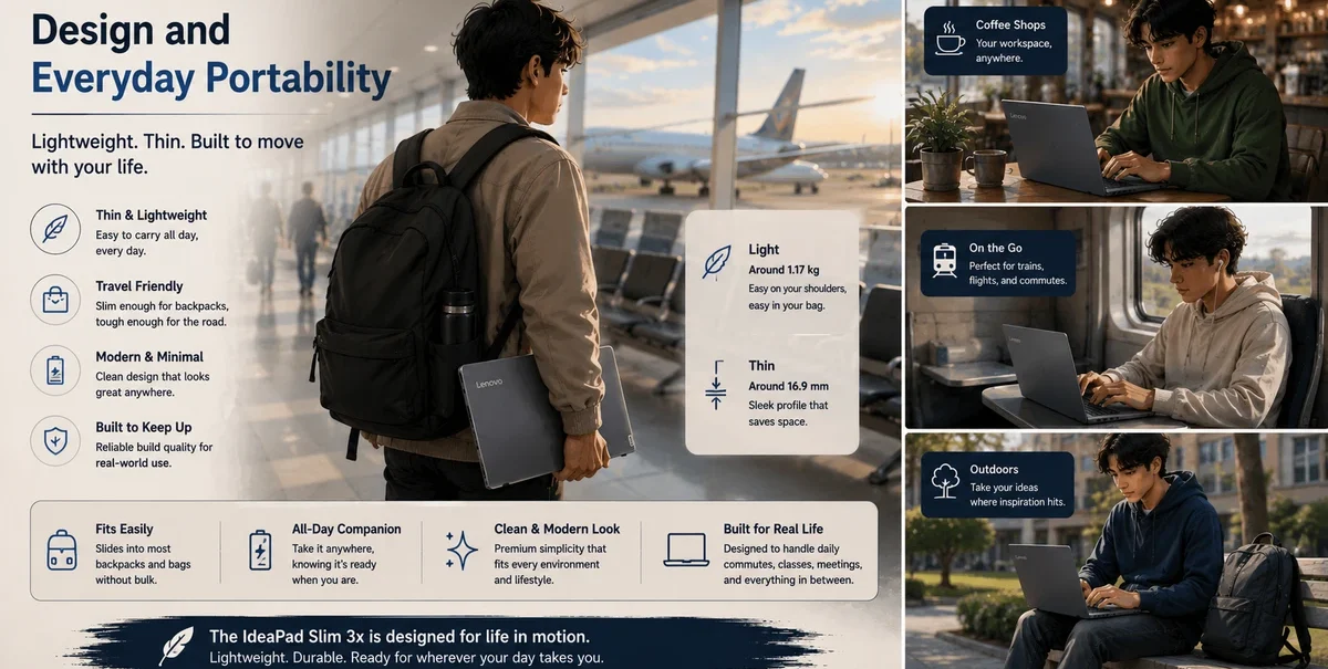 Illustrated ultrawide portability image showing the Lenovo IdeaPad Slim 3x used across airports, trains, coffee shops, and outdoor work environments