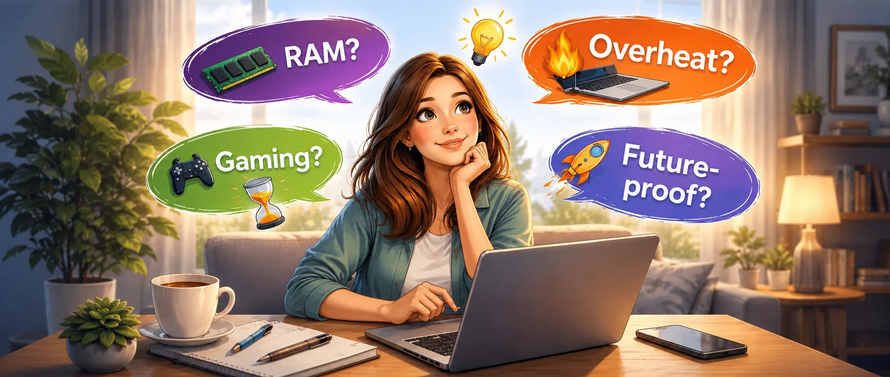 FAQ section banner illustration with a person thinking about common laptop buying questions