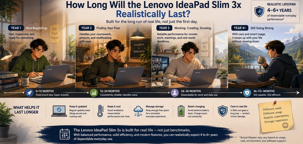 Illustrated ultrawide timeline image showing the long-term everyday usability and realistic lifespan of the Lenovo IdeaPad Slim 3x over multiple years