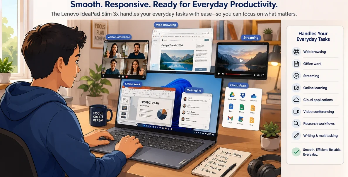 Cartoon-style ultrawide illustration showing Lenovo IdeaPad Slim 3x multitasking performance across web browsing, office work, streaming, cloud apps, and video conferencing