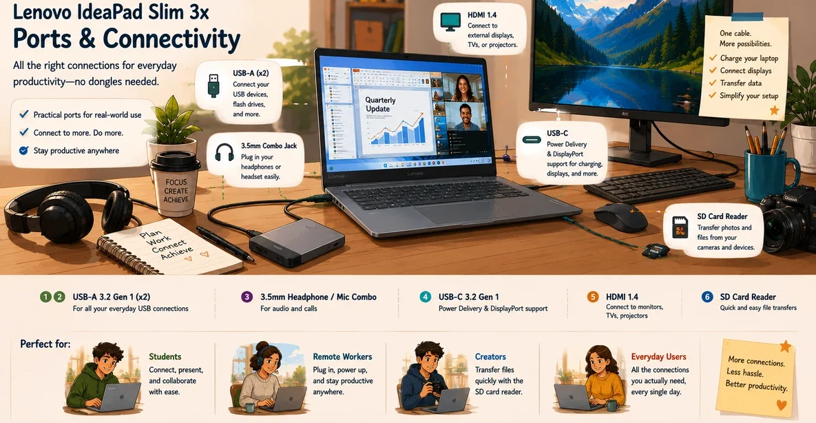 Cartoon-style ultrawide illustration showing the Lenovo IdeaPad Slim 3x ports and connectivity features in a modern everyday productivity workspace
