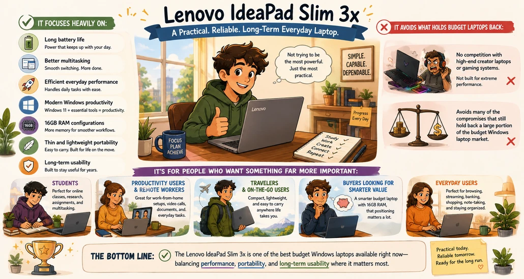 Cartoon-style ultrawide illustration showing the Lenovo IdeaPad Slim 3x as a practical long-term everyday laptop for students, remote workers, travelers, and productivity users