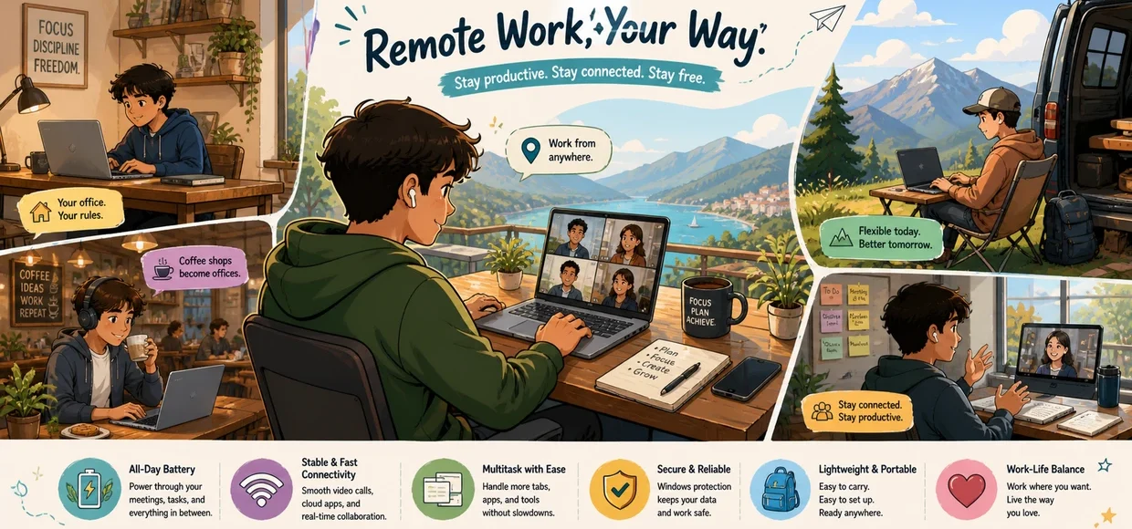 Cartoon-style ultrawide illustration showing Lenovo IdeaPad Slim 3x remote work workflows across home offices, coffee shops, outdoor workspaces, and video meetings