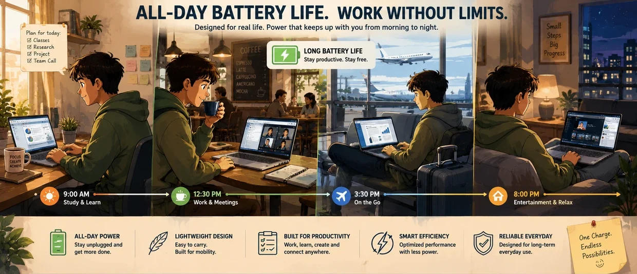 Illustrated ultrawide battery life image showing all-day Lenovo IdeaPad Slim 3x productivity across study, work, travel, and evening use scenarios