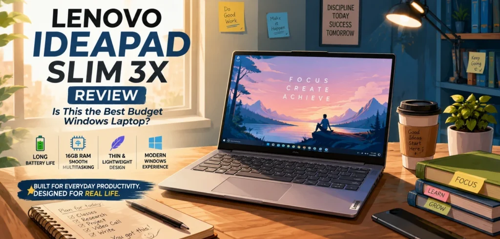 Illustrated Lenovo IdeaPad Slim 3x review hero image showing a modern budget Windows laptop designed for productivity, multitasking, battery life, and long-term everyday use