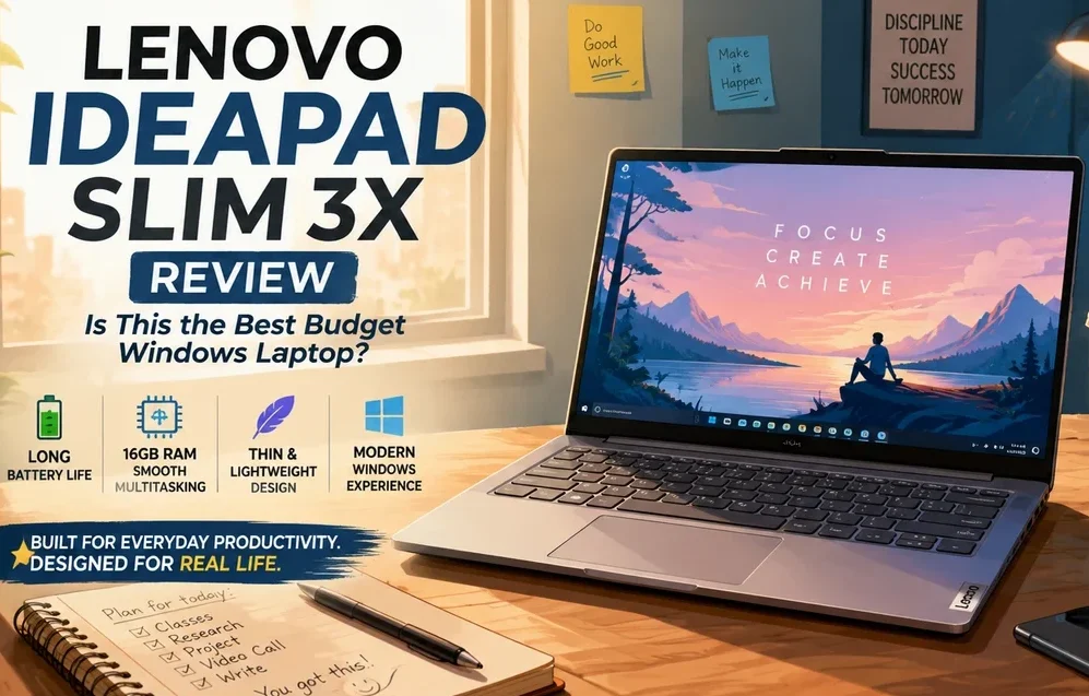 Illustrated Lenovo IdeaPad Slim 3x review hero image showing a modern budget Windows laptop designed for productivity, multitasking, battery life, and long-term everyday use