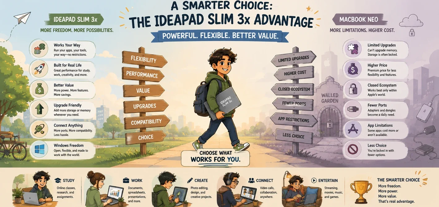 Cartoon-style ultrawide illustration comparing the Lenovo IdeaPad Slim 3x and MacBook Neo through flexibility, productivity, value, and everyday usability concepts