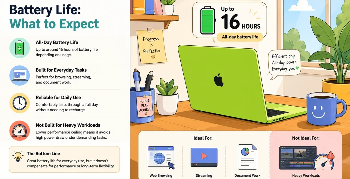 Cartoon-style MacBook Neo battery life illustration showing all-day everyday usage