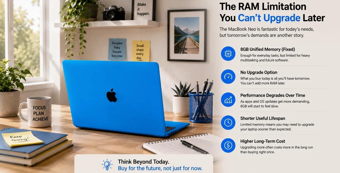 Bright blue MacBook Neo laptop showcasing colorful premium Apple-inspired design