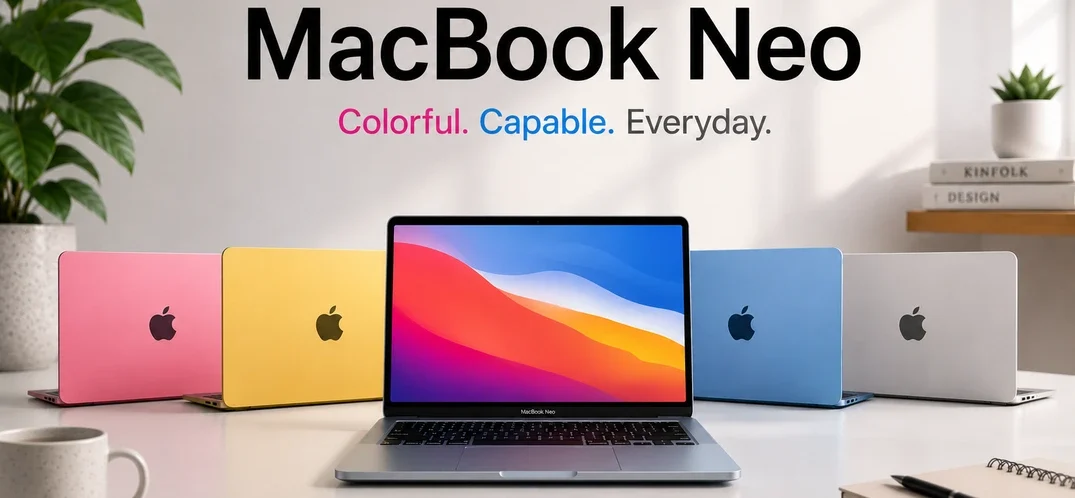 MacBook Neo colorful laptop lineup hero image with modern Apple-inspired design