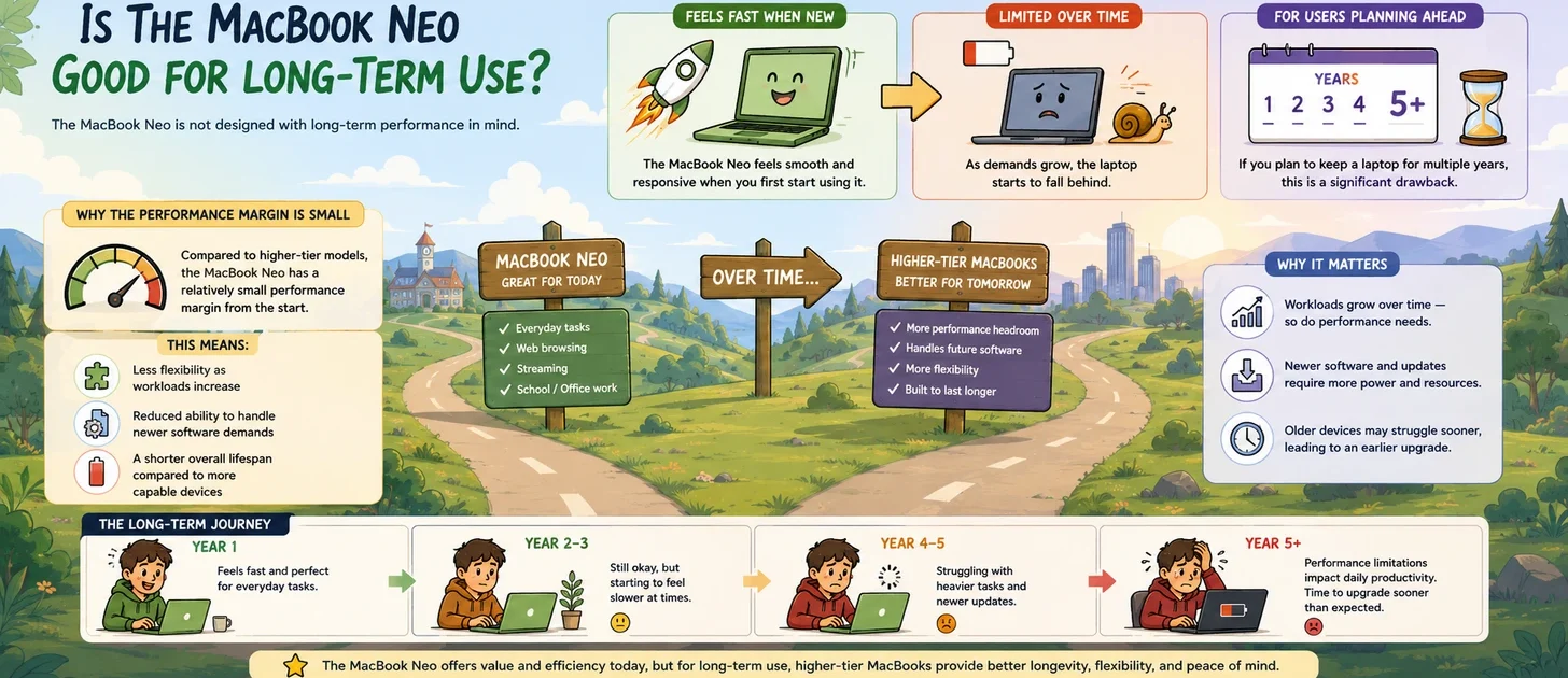 Cartoon infographic explaining MacBook Neo long-term usability and performance limitations over time