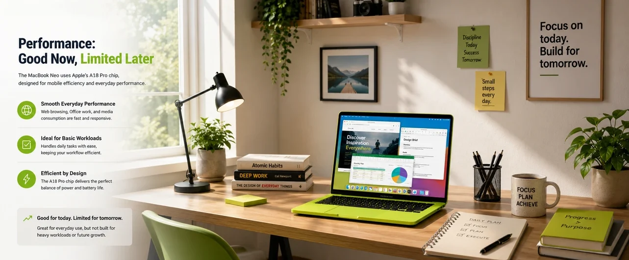 Bright green MacBook Neo in a modern workspace focused on everyday productivity and efficiency