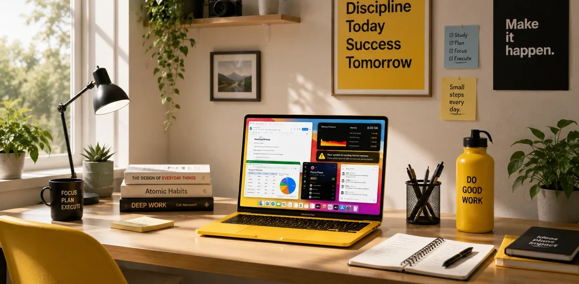 Yellow MacBook Neo multitasking workspace showing memory pressure and many open apps