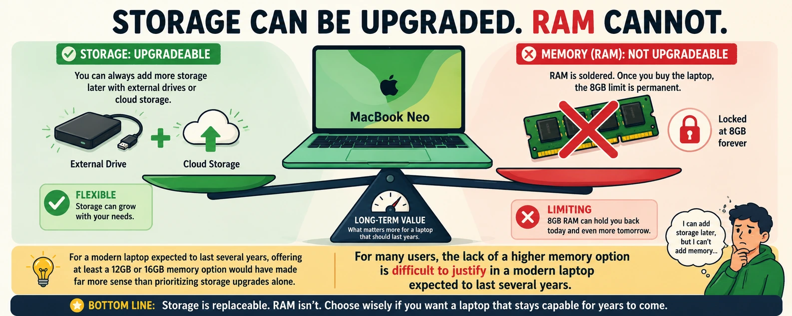 Cartoon infographic explaining why RAM matters more than storage on the MacBook Neo