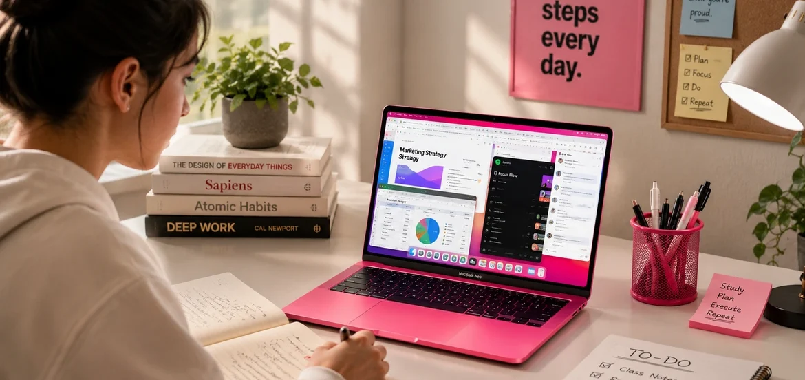 Student using bright pink MacBook Neo laptop in a modern study workspace