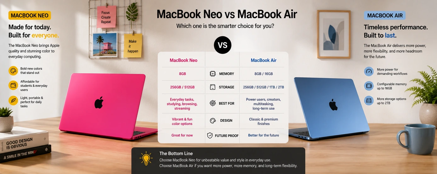 MacBook Neo vs MacBook Air comparison infographic showing budget vs long-term value