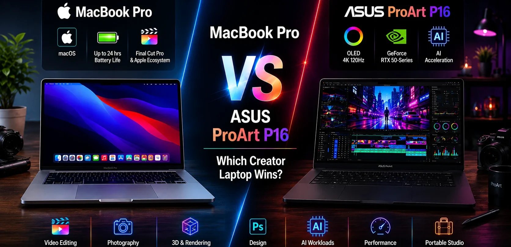 MacBook Pro vs ASUS ProArt P16 comparison image showing creator workflows, AI performance, battery life, and workstation features