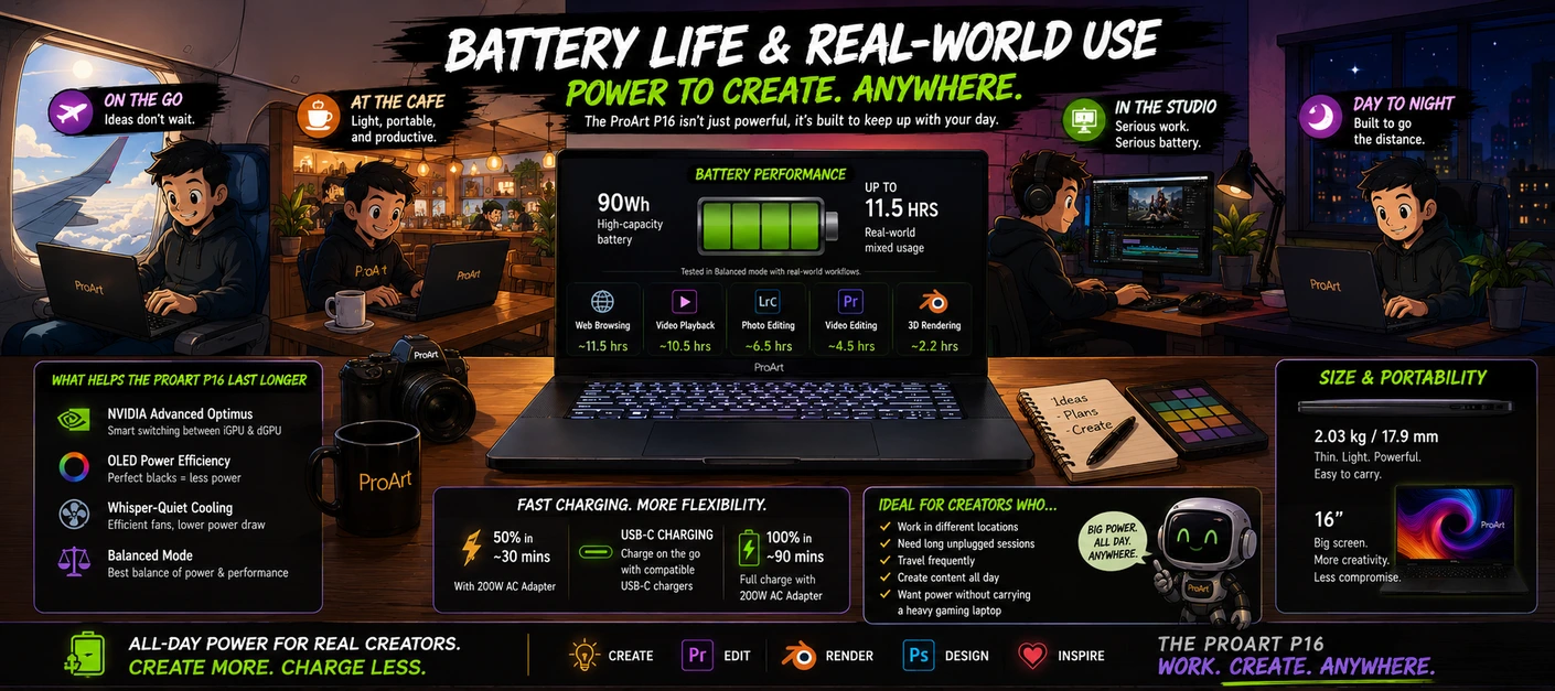 ASUS ProArt P16 battery life infographic showing real-world creator workflows and portability