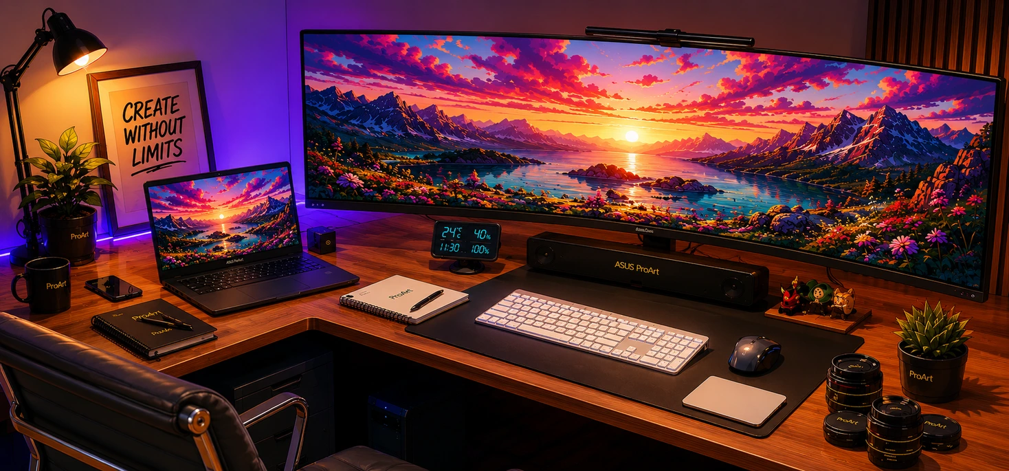 Cartoon creator workstation with ultrawide monitor and ASUS ProArt laptop in a vibrant office setup