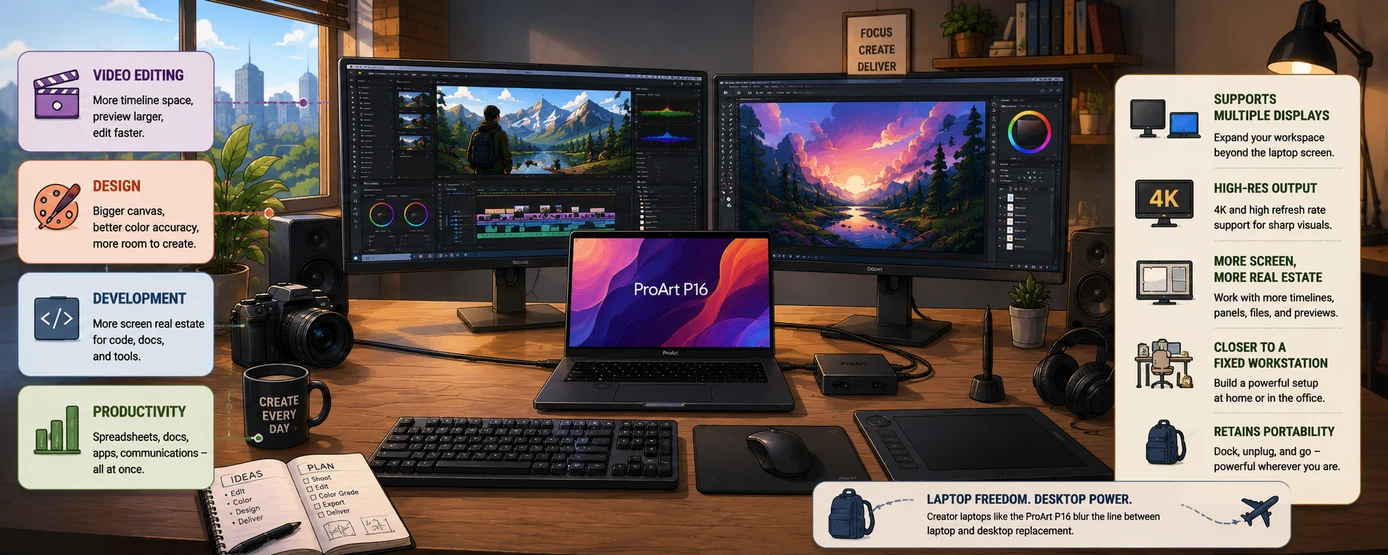 Cartoon illustration showing ASUS ProArt P16 connected to multiple displays in a creator workstation setup