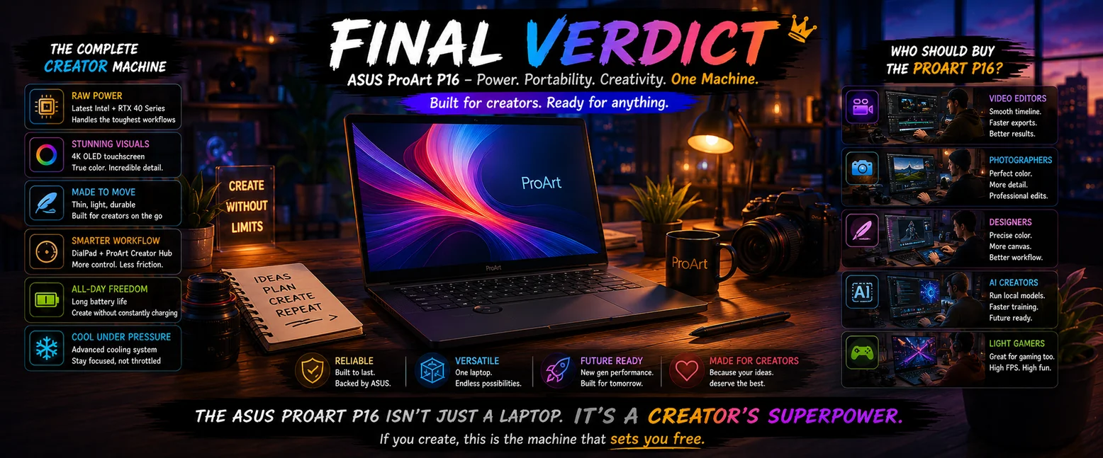ASUS ProArt P16 final verdict image showing creator-focused workflows and who should buy the laptop
