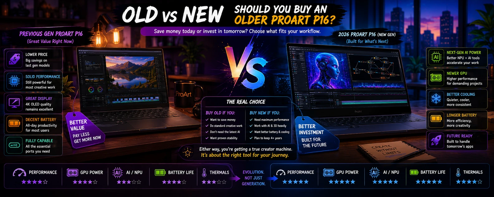 ASUS ProArt P16 old vs new comparison showing previous generation versus latest model for creators