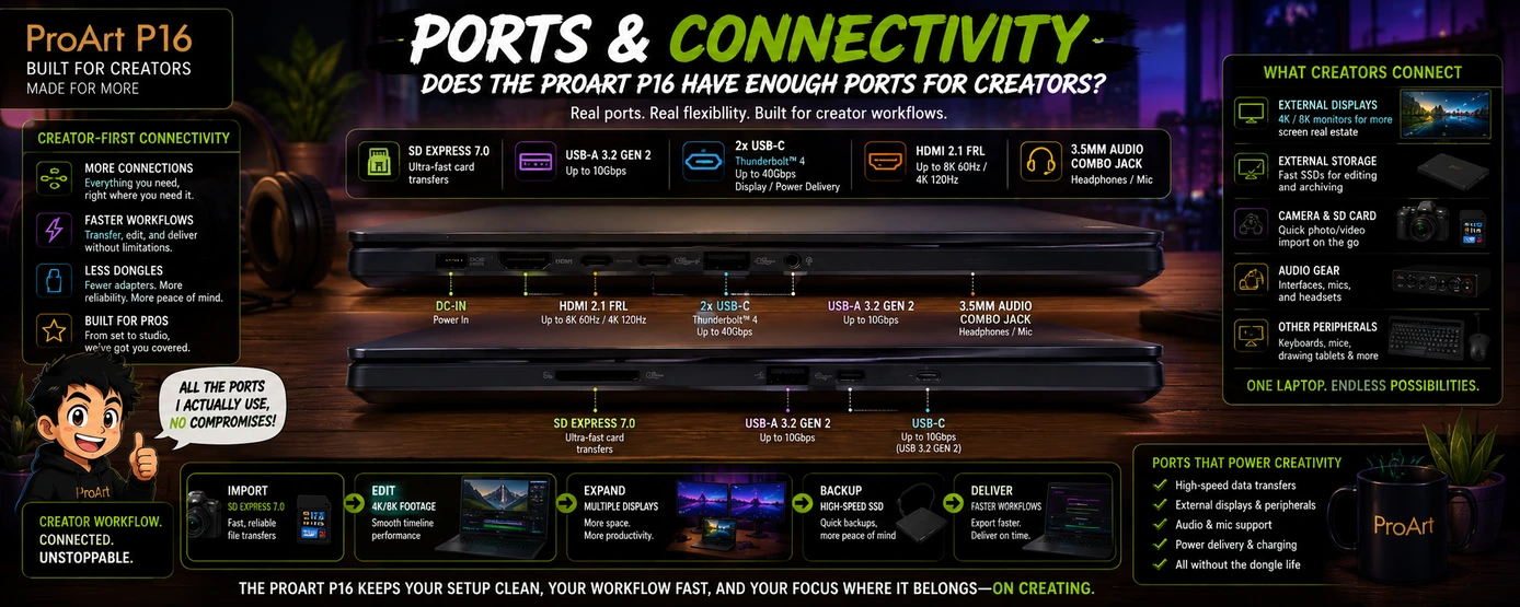 ASUS ProArt P16 ports and connectivity infographic showing creator-focused port selection and workflow support