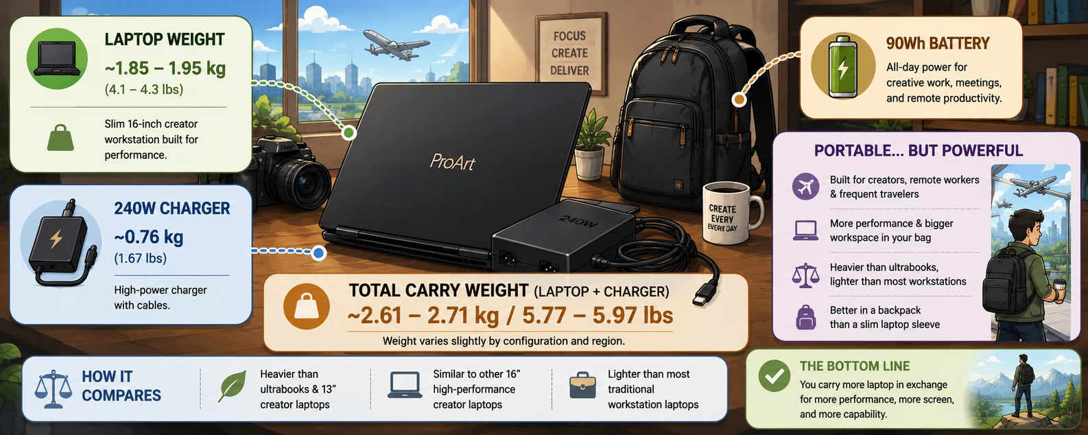 Cartoon illustration showing ASUS ProArt P16 portability, charger weight, and remote work travel tradeoffs