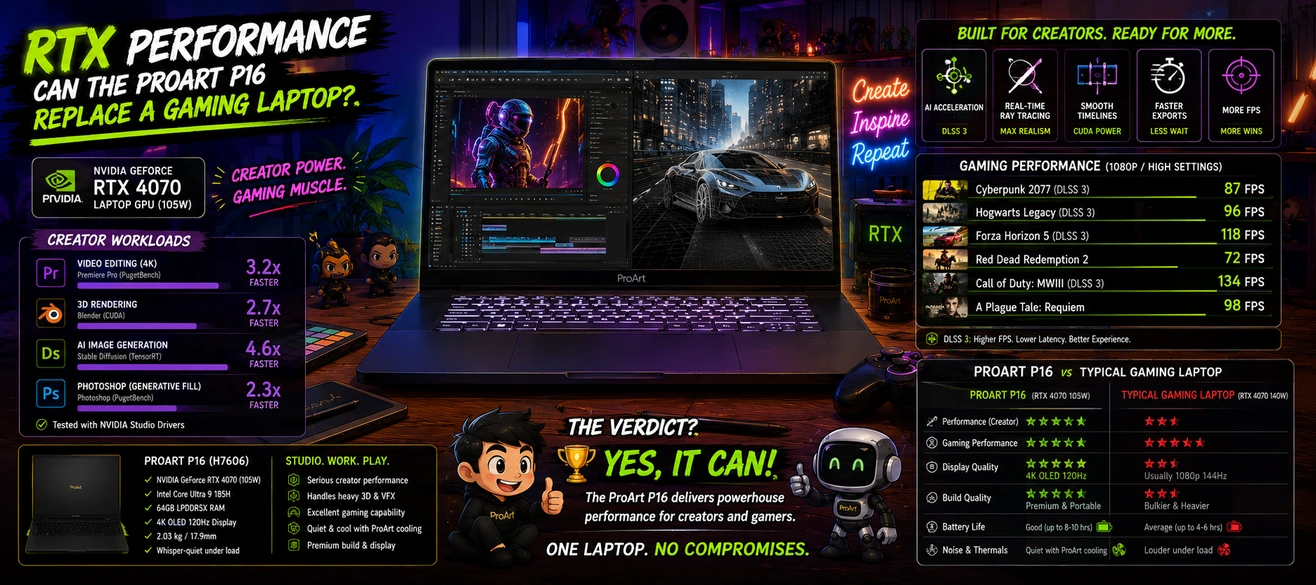 ASUS ProArt P16 RTX performance comparison showing creator workloads and gaming capability