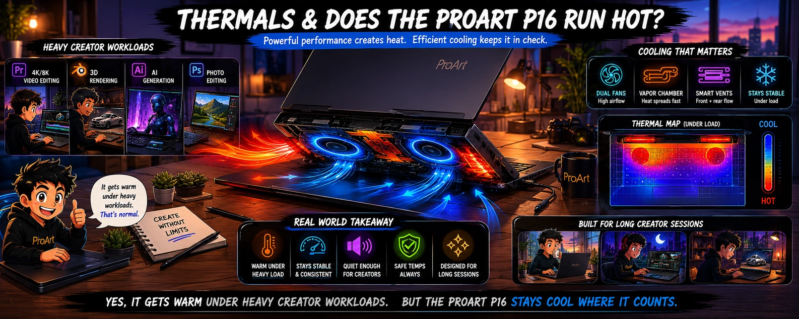ASUS ProArt P16 thermals infographic showing cooling performance under heavy creator workloads