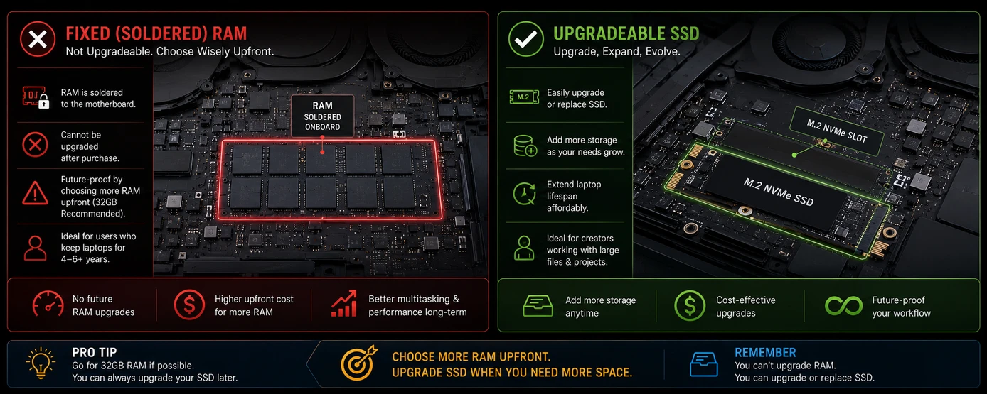 Illustration showing fixed soldered RAM versus upgradeable M.2 SSD storage in creator laptops