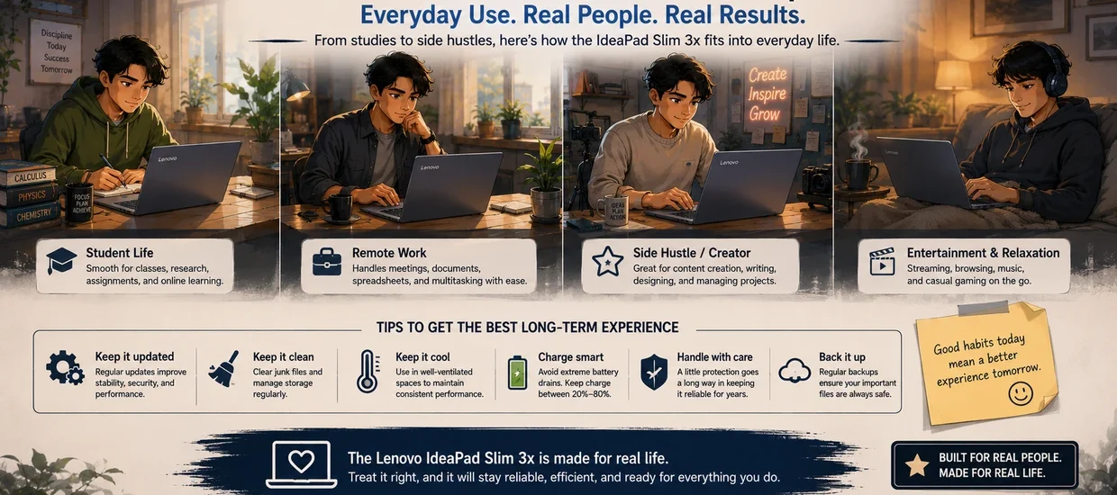 Illustrated ultrawide image showing real-world Lenovo IdeaPad Slim 3x usage across studying, remote work, creative side projects, and entertainment workflows