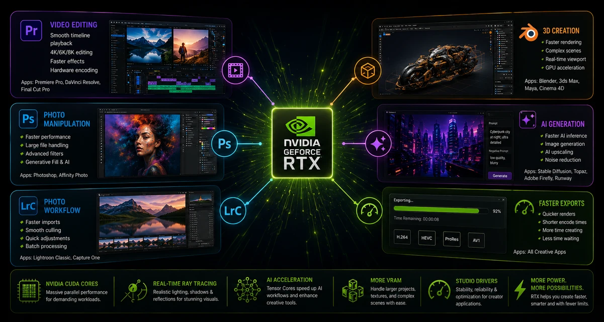 Illustration showing NVIDIA RTX accelerating video editing, AI, photo editing, 3D rendering, and creator workflows