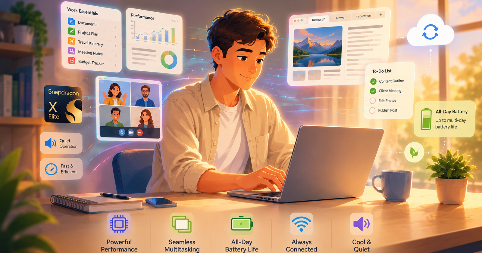 Illustration showing modern multitasking and Snapdragon X workflow efficiency