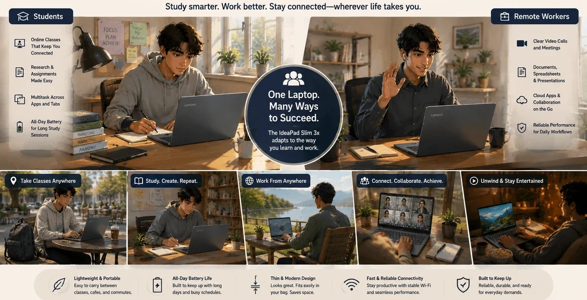Illustrated ultrawide image showing Lenovo IdeaPad Slim 3x workflows for students, remote workers, multitasking, online classes, and productivity