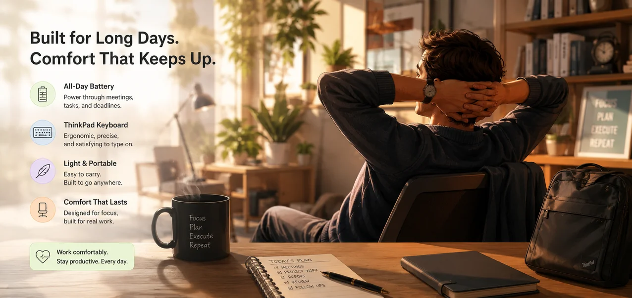 Illustration showing all-day comfort, battery endurance, portability, and long work sessions for Lenovo ThinkPad T14s Gen 7 business users