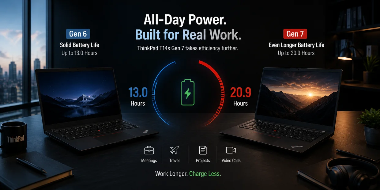 Lenovo ThinkPad T14s Gen 6 vs Gen 7 battery comparison image showing efficiency improvements and all-day business productivity
