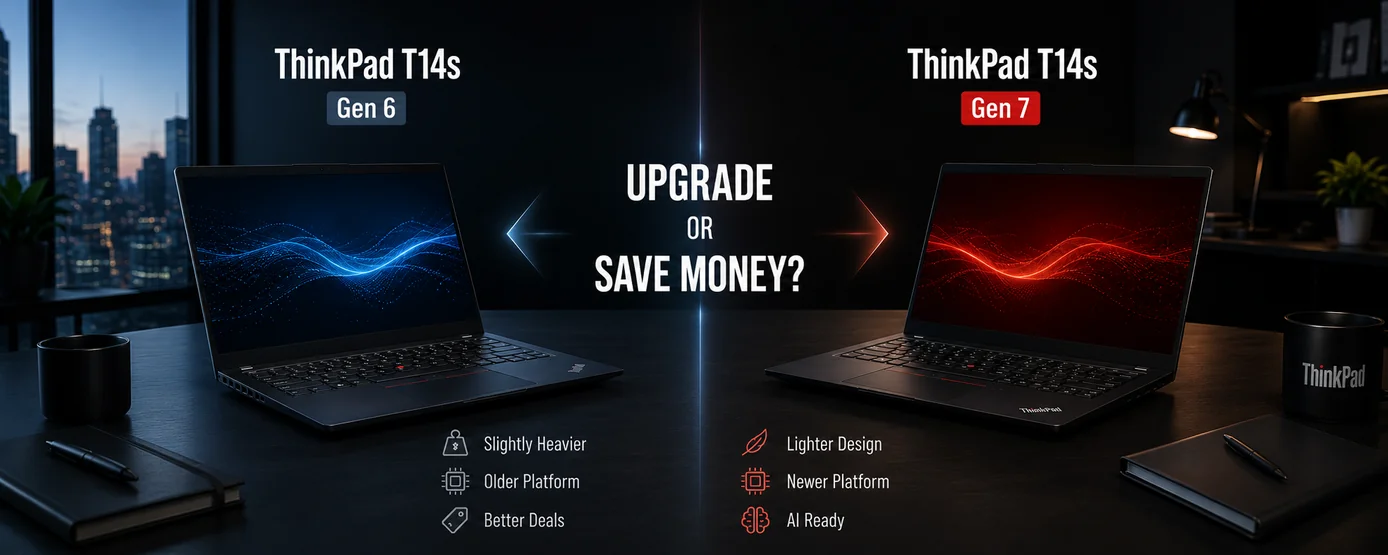 Lenovo ThinkPad T14s Gen 6 vs Gen 7 comparison image showing upgrade versus value decision for business laptop buyers