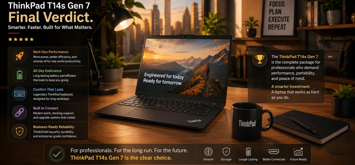 Final verdict illustration for Lenovo ThinkPad T14s Gen 7 highlighting business performance, portability, battery life, and long-term productivity