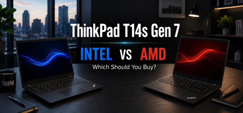 Lenovo ThinkPad T14s Gen 7 Intel vs AMD business laptop comparison hero image for productivity and office work