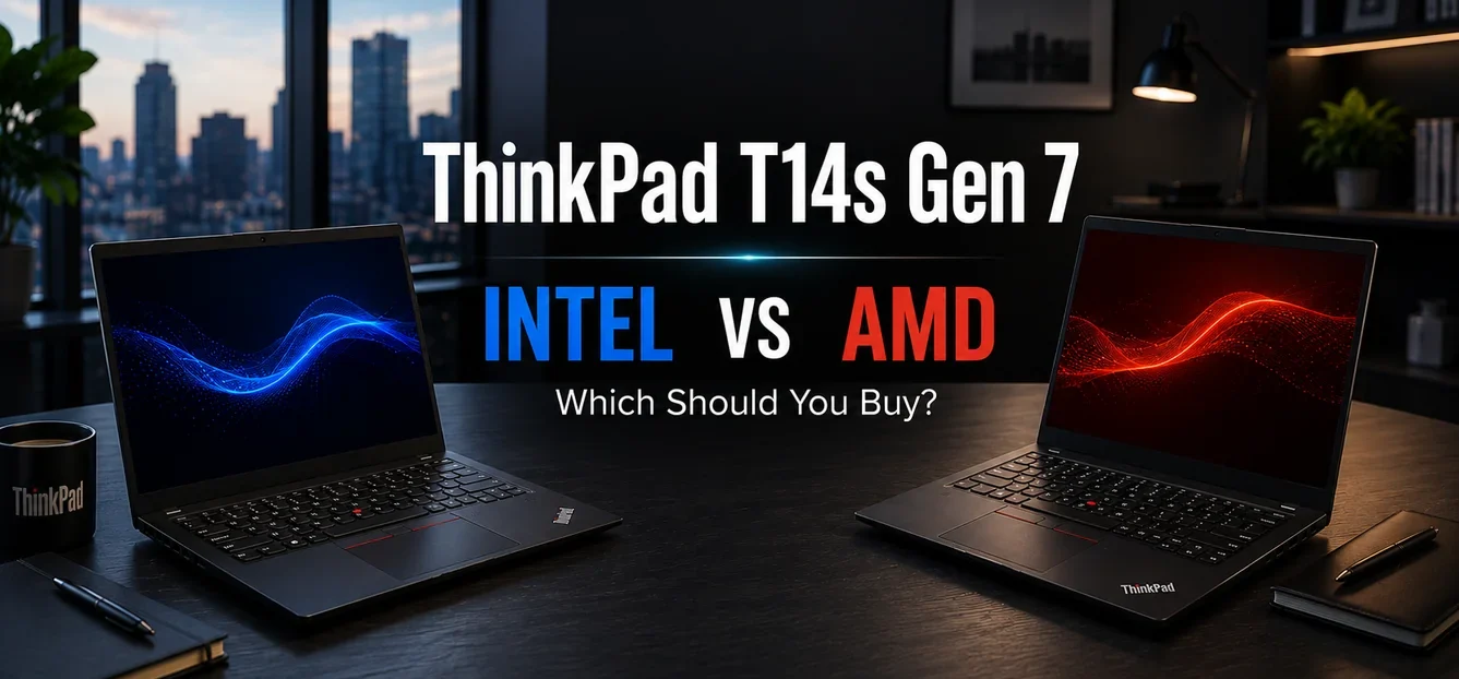 Lenovo ThinkPad T14s Gen 7 Intel vs AMD business laptop comparison hero image for productivity and office work