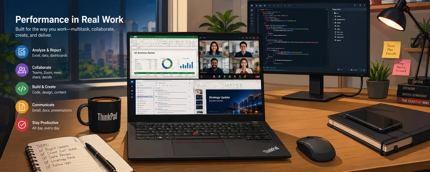 Lenovo ThinkPad T14s Gen 7 performance in real work illustration showing multitasking with spreadsheets, video calls, coding, email, and productivity tools